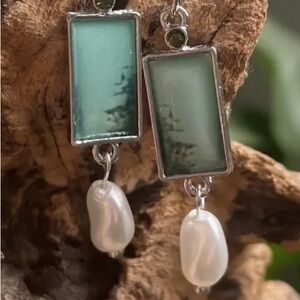 Green opal and pearl dangle earrings